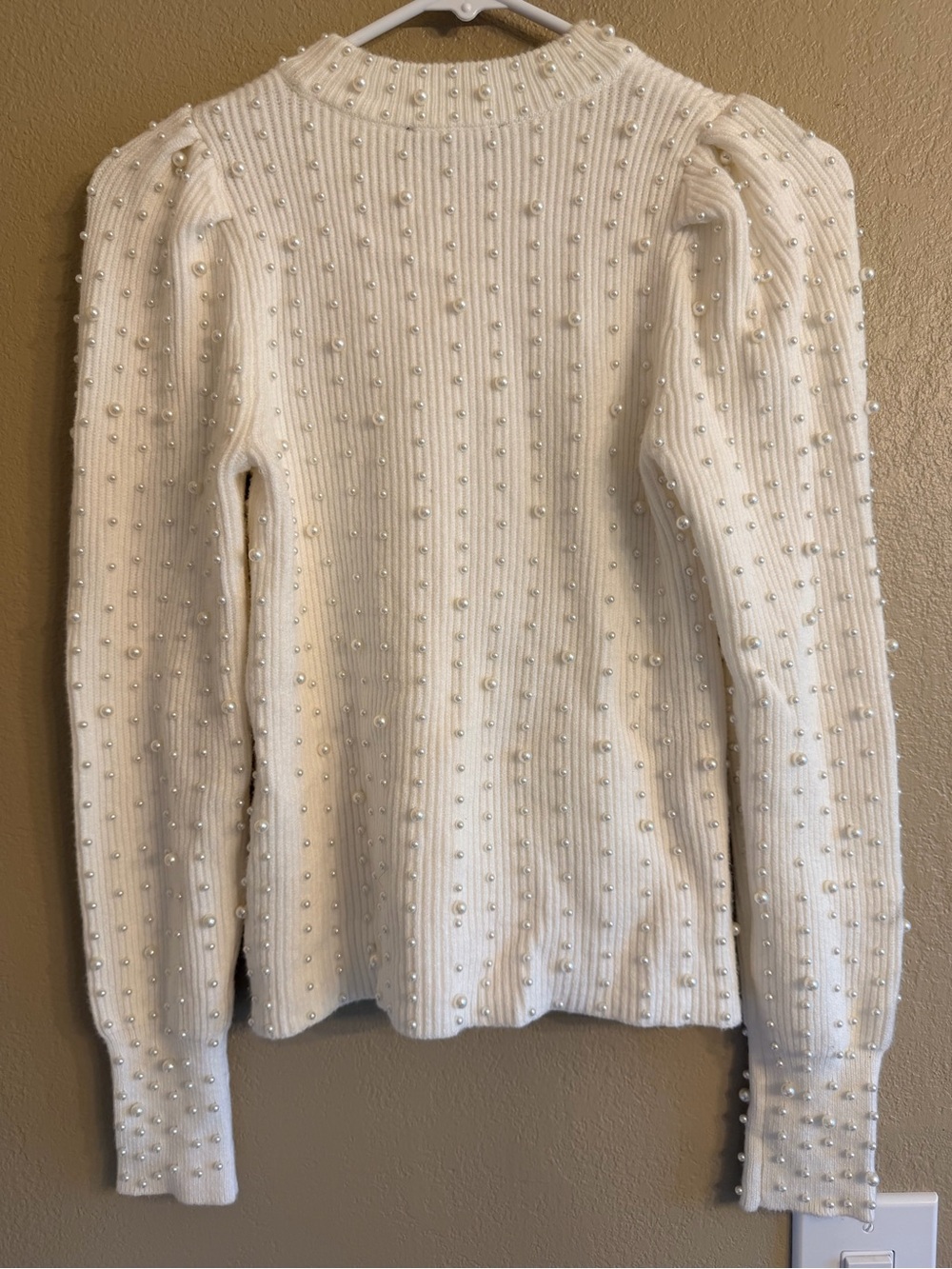 Express Pearl-Embellished Cream Ribbed Sweater - Picture 2 of 5